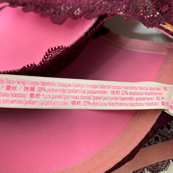 PINK Date Push-up  Burgundy Lace Front Close Underwire Bra Size 32DD - Picture 8 of 8